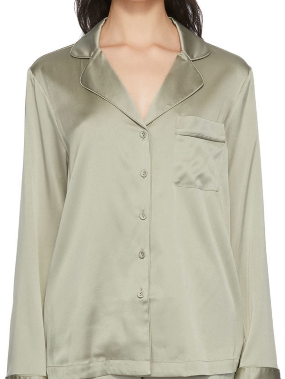 Skims Silk Long sleeve sleep shirt in green Open spread collar